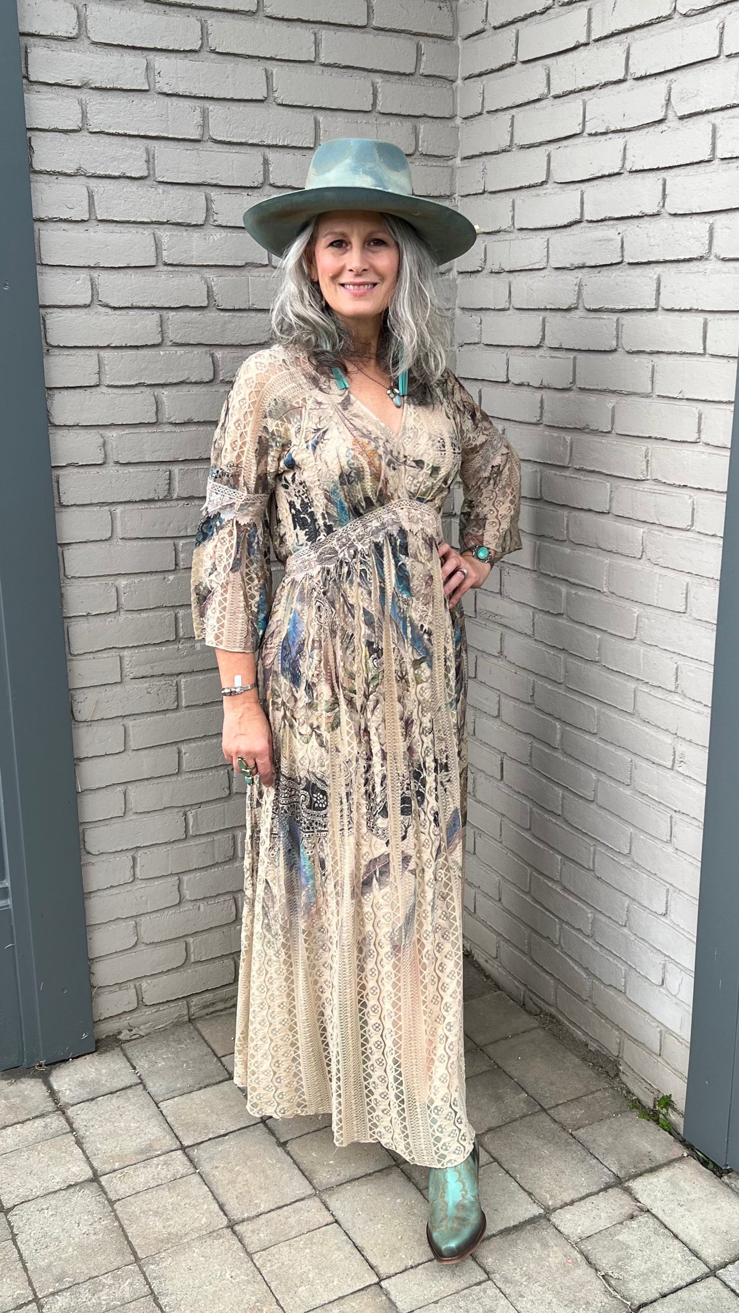 All Lace Dress with Feather Print