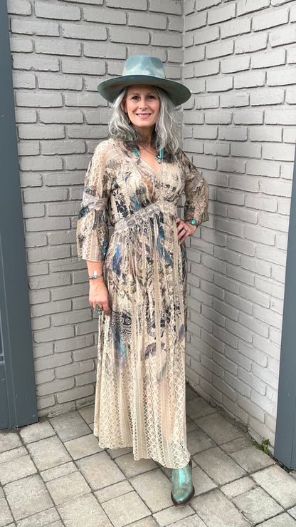 All Lace Dress with Feather Print