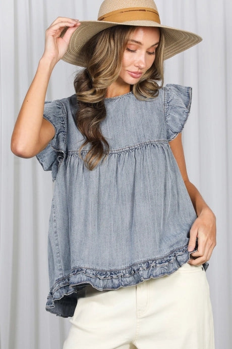 Ruffle Accent Chambray Top