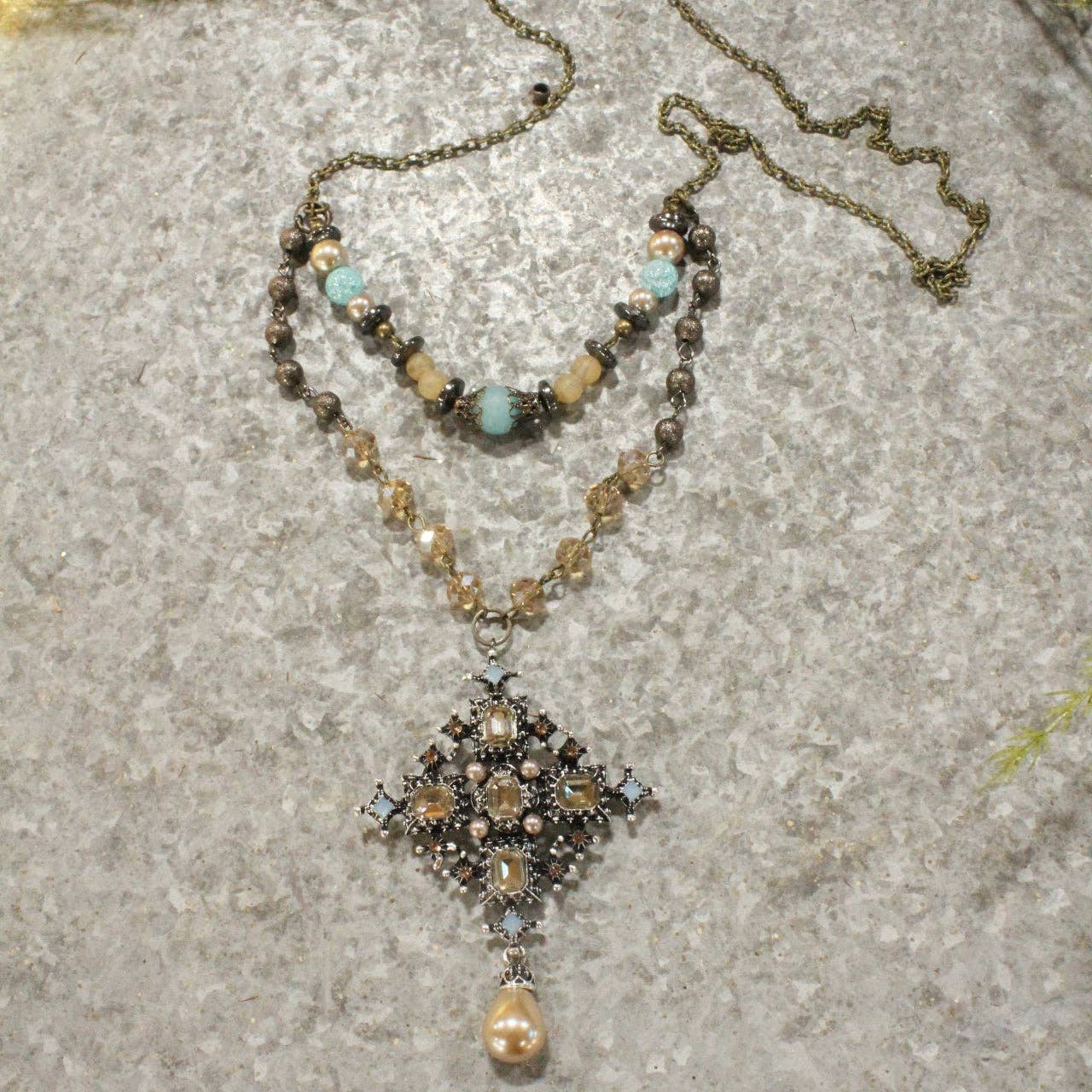 Classy Blue &amp; Topaz Glass With Mixed Metals Layered Necklace