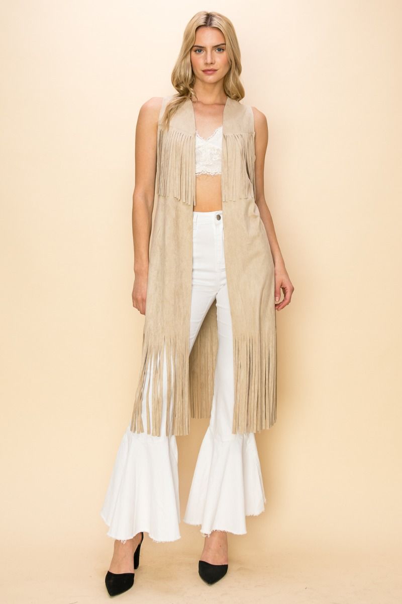 Layered Fringe Open Front Faux Suede Vest CREAM  