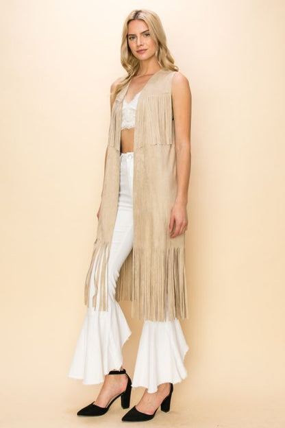 Layered Fringe Open Front Faux Suede Vest CREAM  