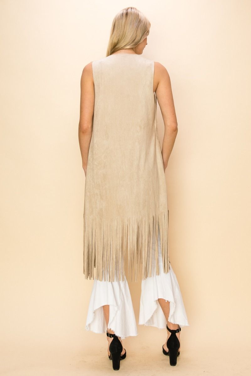 Layered Fringe Open Front Faux Suede Vest CREAM  