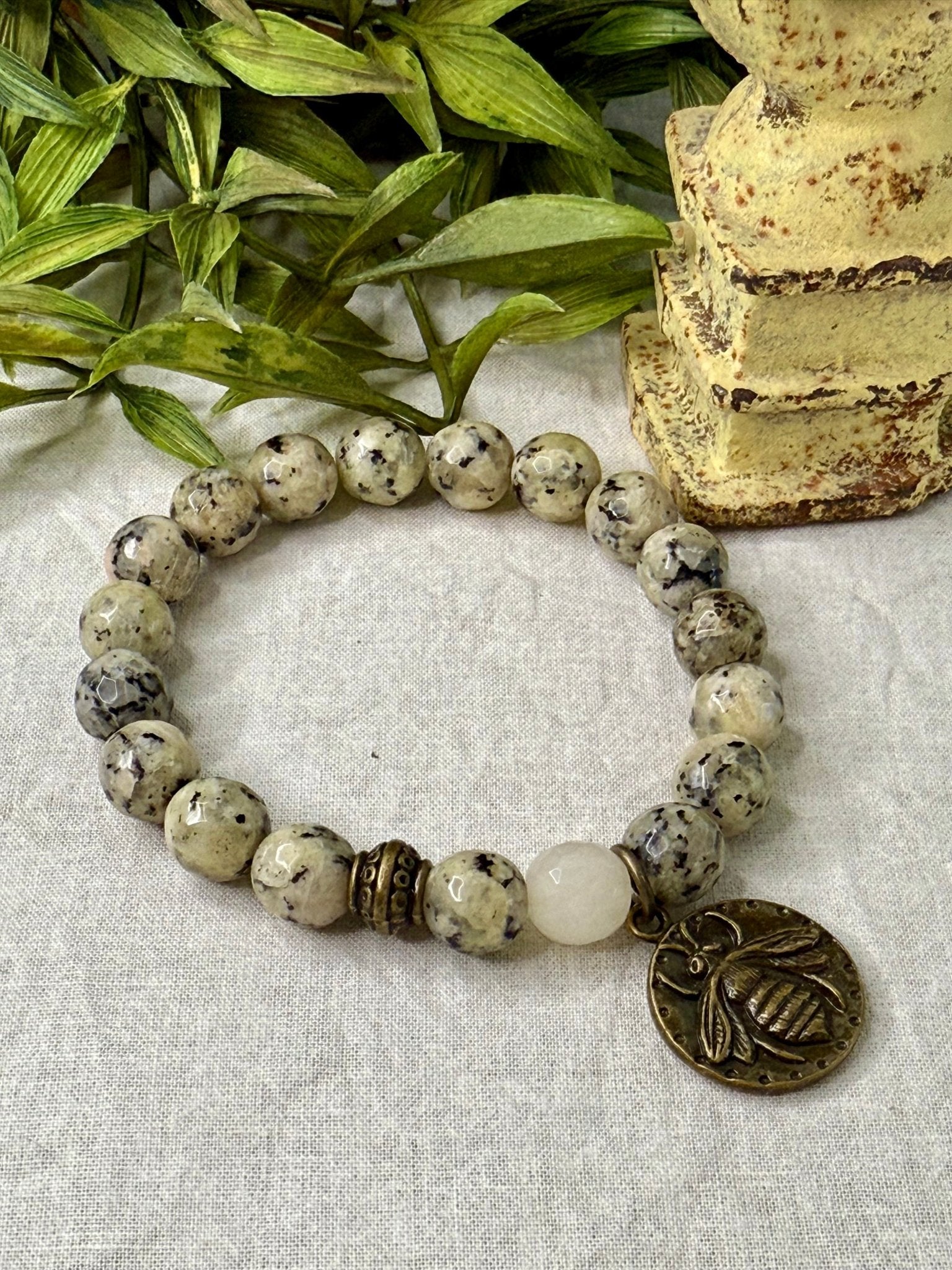 Dalmatian Jasper with Bee Drop Bracelet - Vintage Vault Boutique