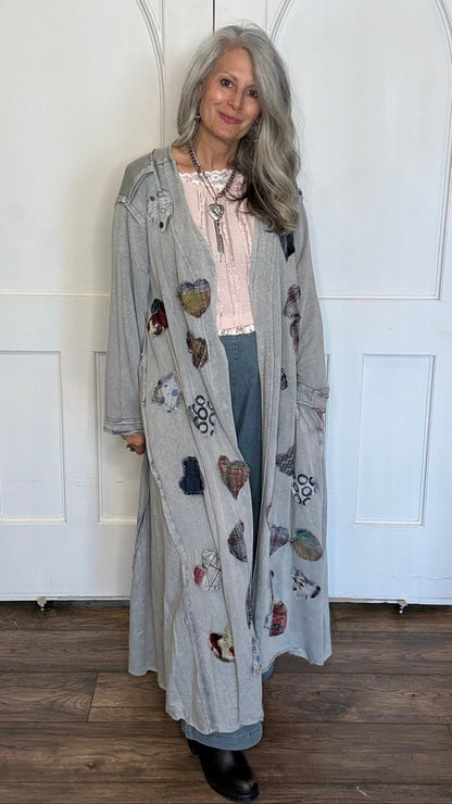 Long Grey Hearts Patch Jacket - Vintage Vault Boutique