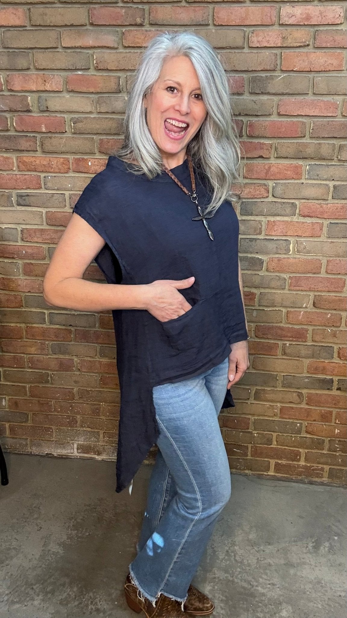 Navy Linen Hi Lo Tank with Pocket - Vintage Vault Boutique