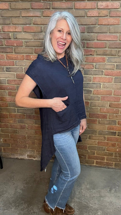 Navy Linen Hi Lo Tank with Pocket - Vintage Vault Boutique