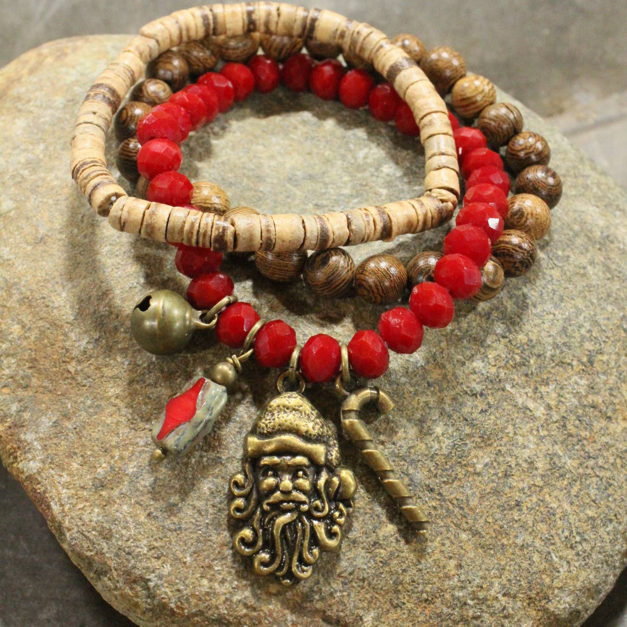 Czech Stone &amp; Bronze Santa Stretch Bracelet Set