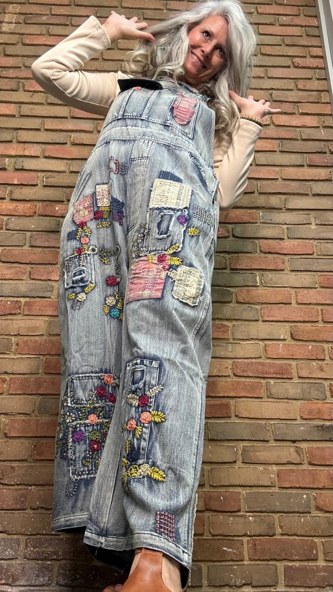 Embroidered Patchwork Denim Overalls - Vintage Vault Boutique