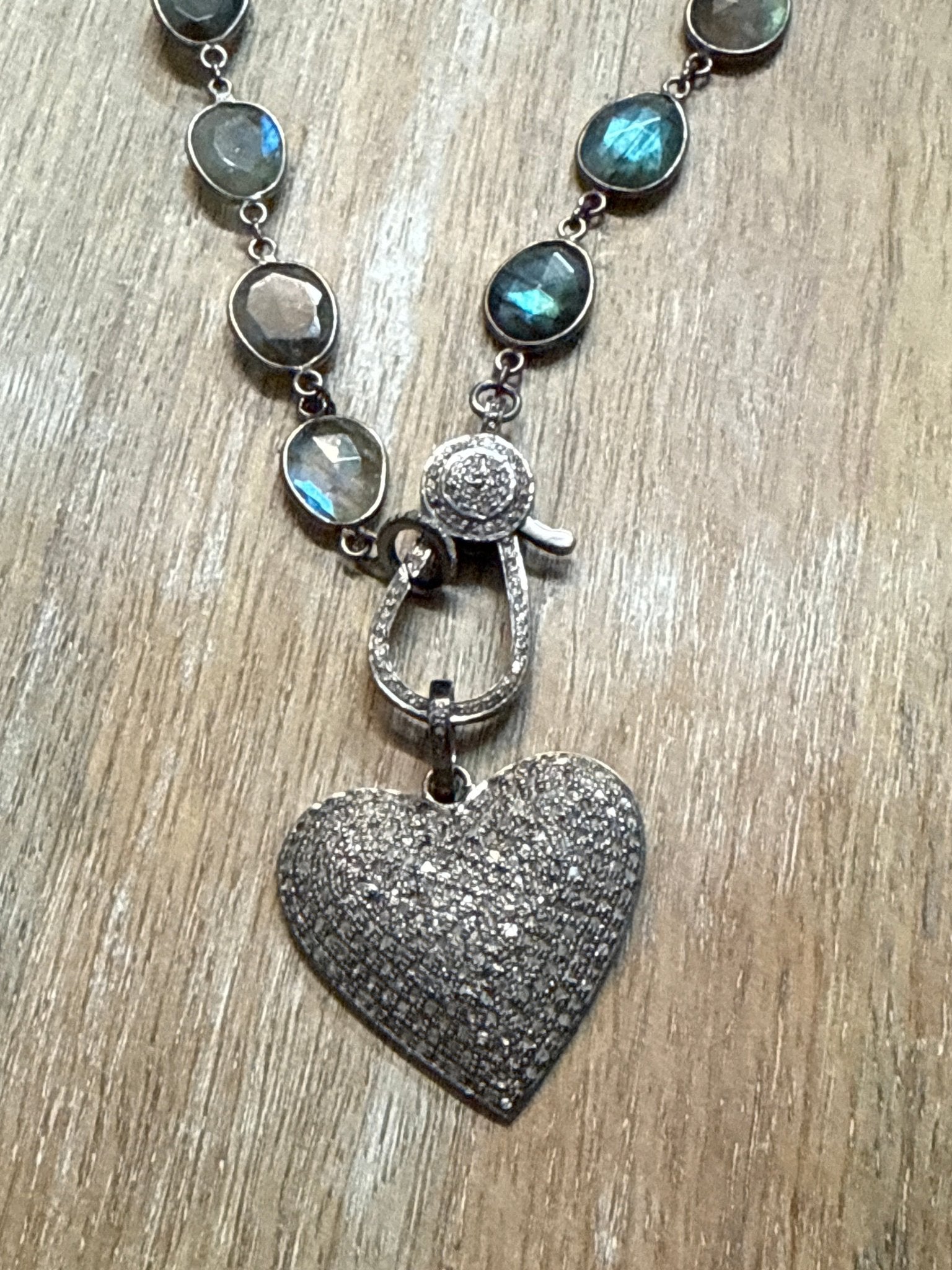 Labradorite Bezel Charm Holder with Diamond Heart - Vintage Vault Boutique
