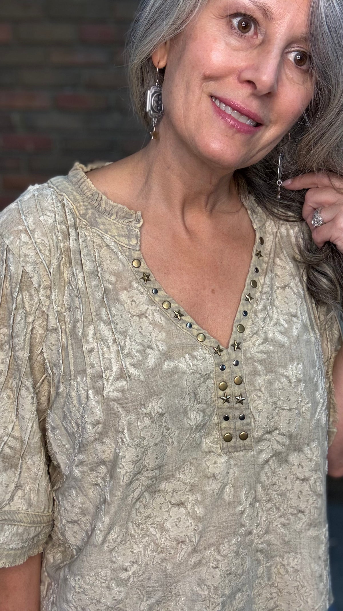 Vintage Metallic Stud V-Neck Top