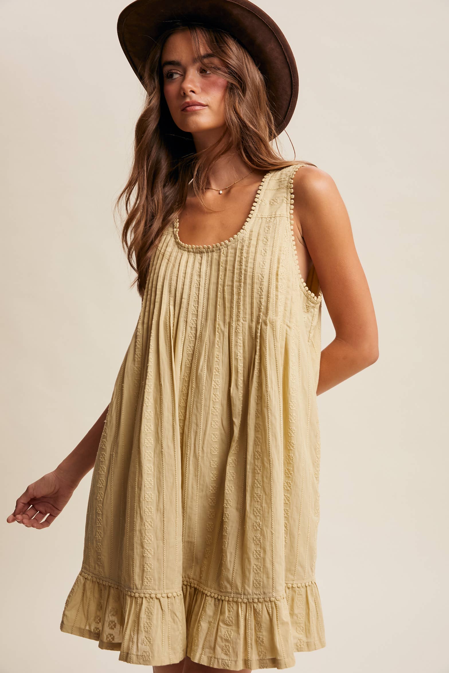 Pintuck Mini Dress - Light Olive - Vintage Vault Boutique