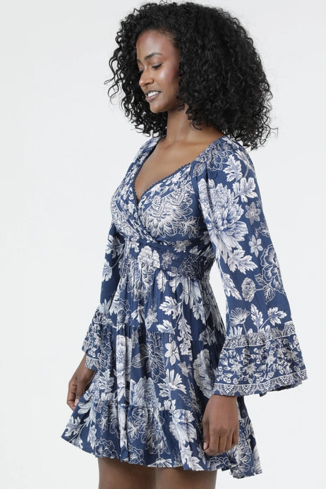 Wide Sleeve V Neck Smocked Dress