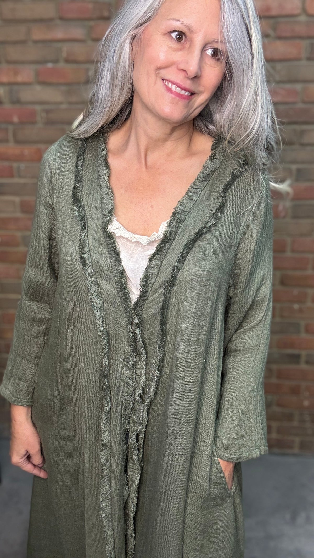 Olive Loose Weave Duster