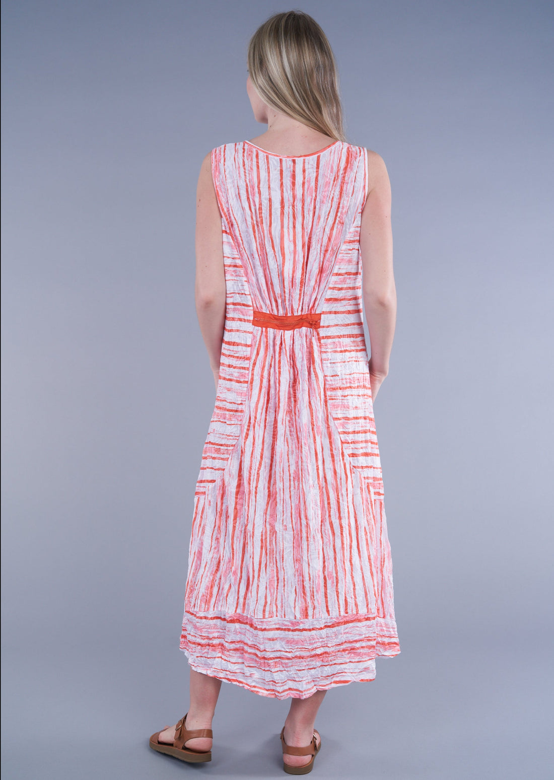 Coral Stripe Slvlss Crinkle Dress