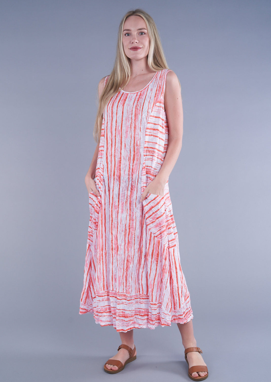Coral Stripe Slvlss Crinkle Dress
