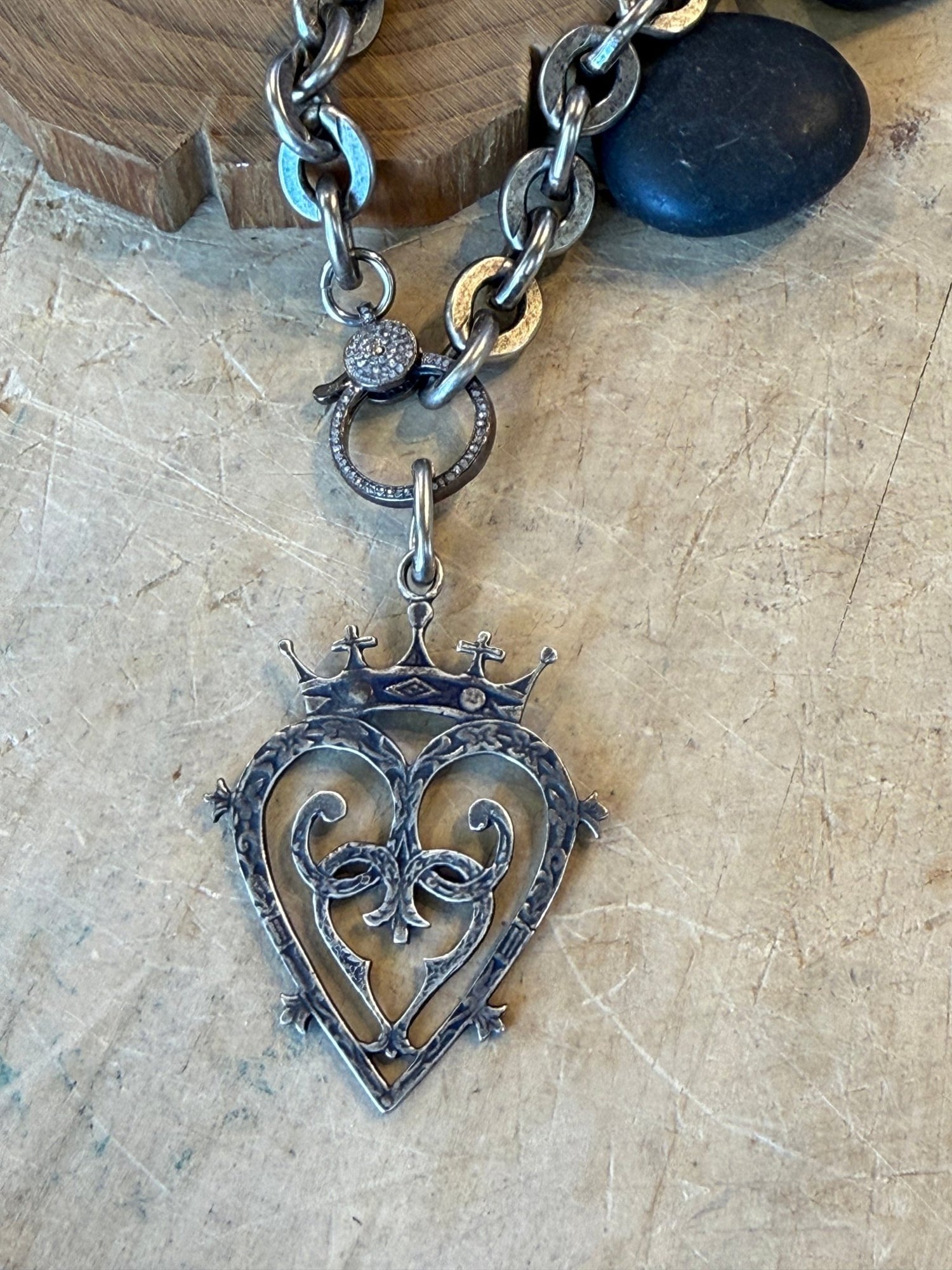 Crown Heart on Diamond Charm Holder Necklace - Vintage Vault Boutique