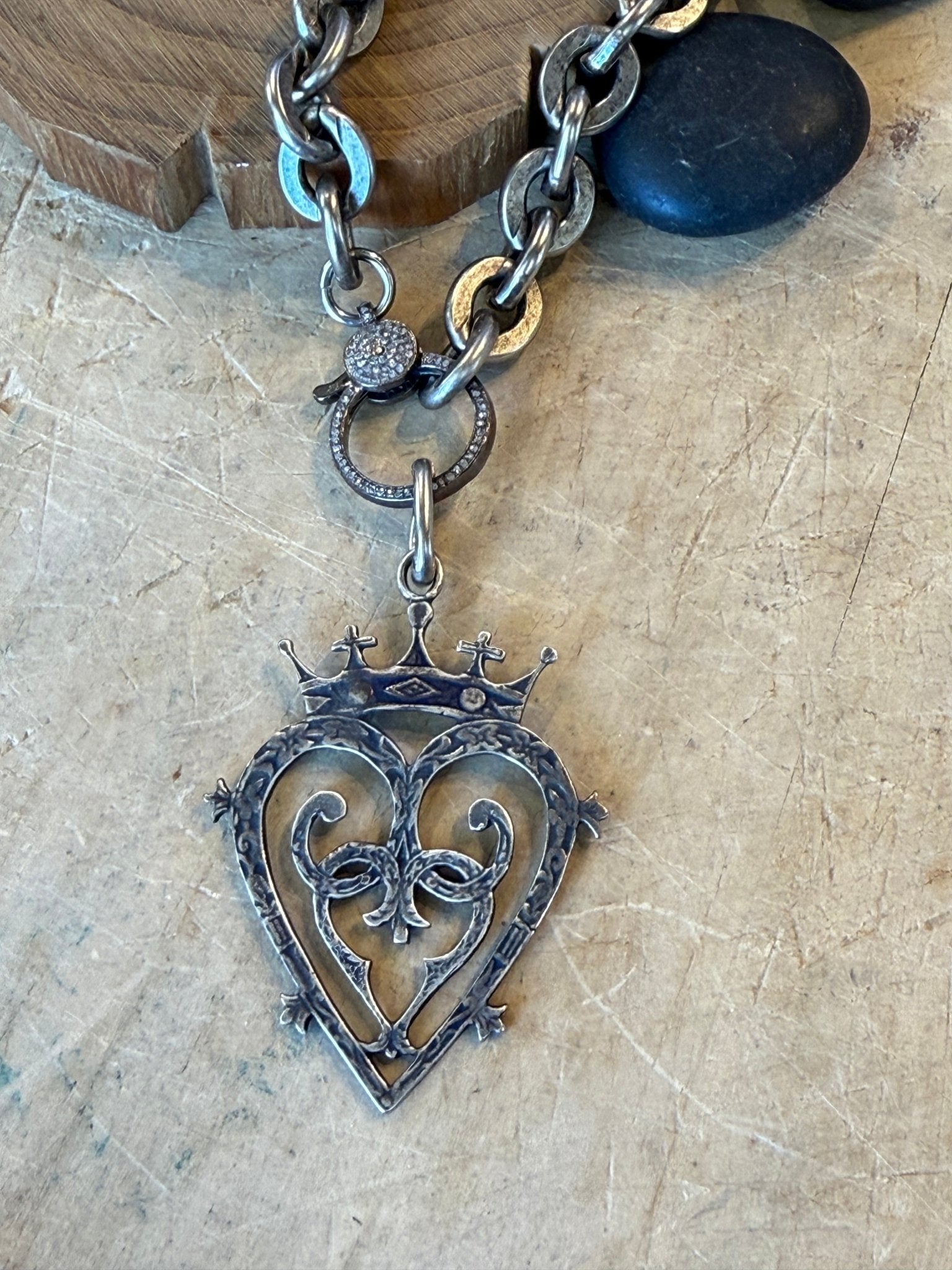 Crown Heart on Diamond Charm Holder Necklace - Vintage Vault Boutique