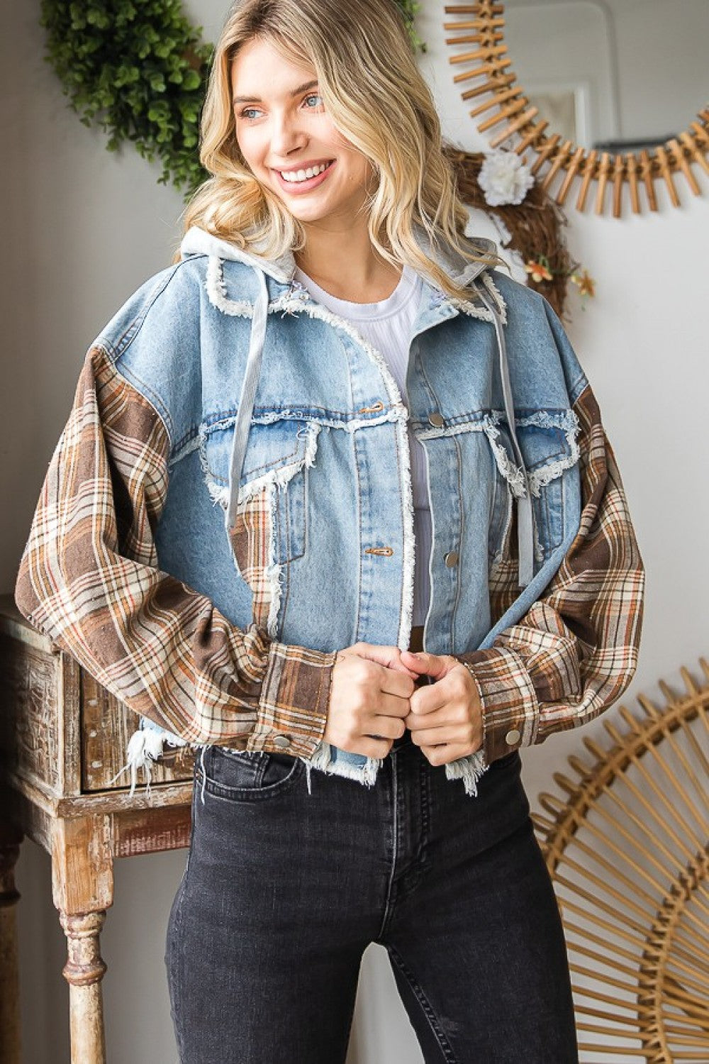 Washed Plaid Sleeve Jacket 