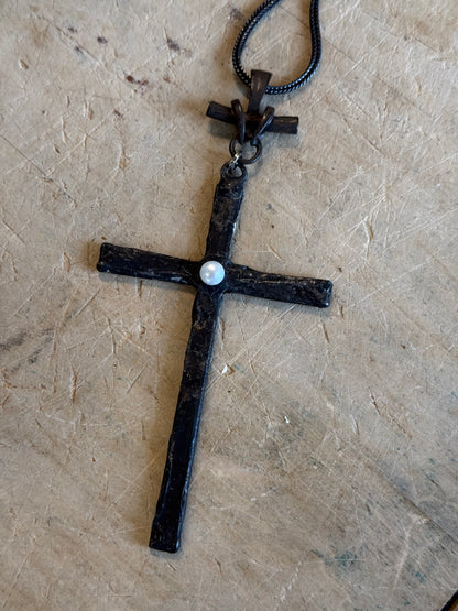 Large Rustic Cross with Pearl Center on 925 Chain