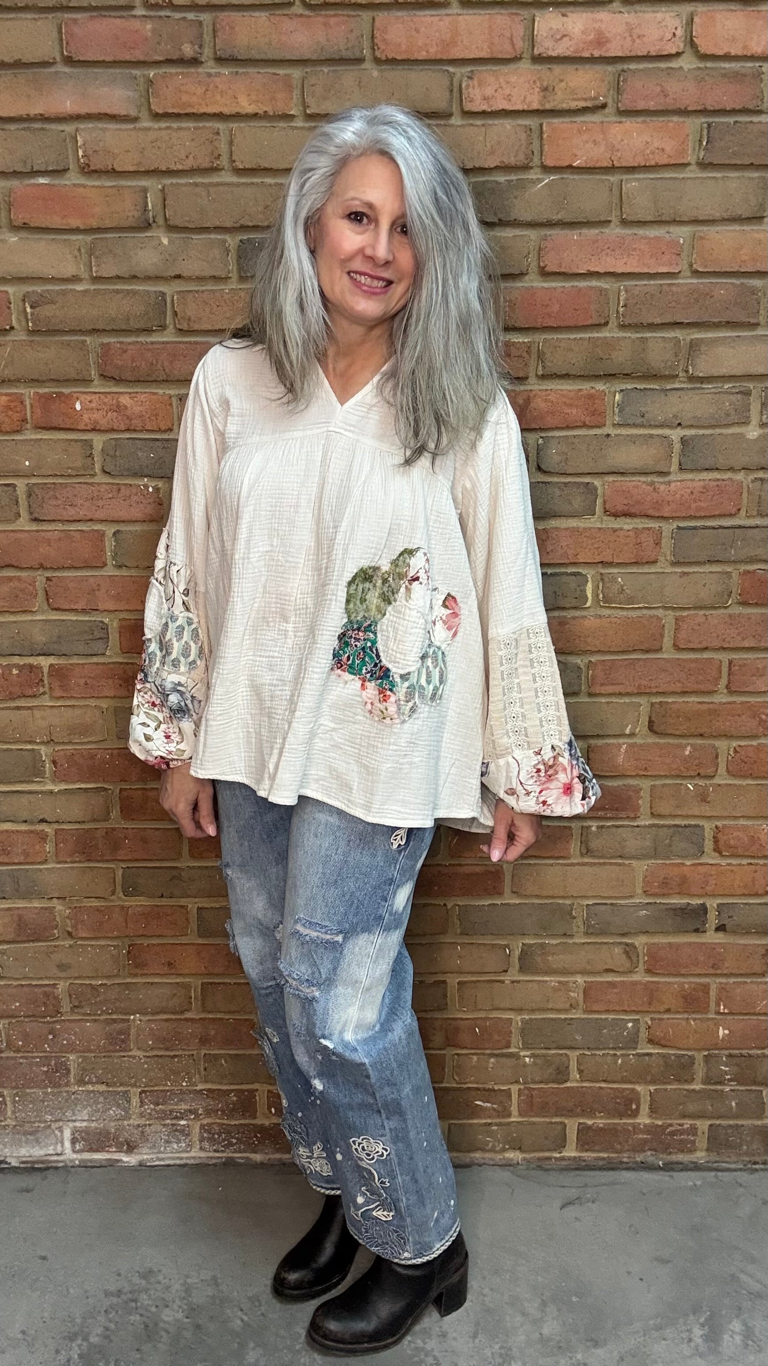 Woman wearing V-Neck Collared Flower Patch Top with Floral Embroidered Relax Jean 1083