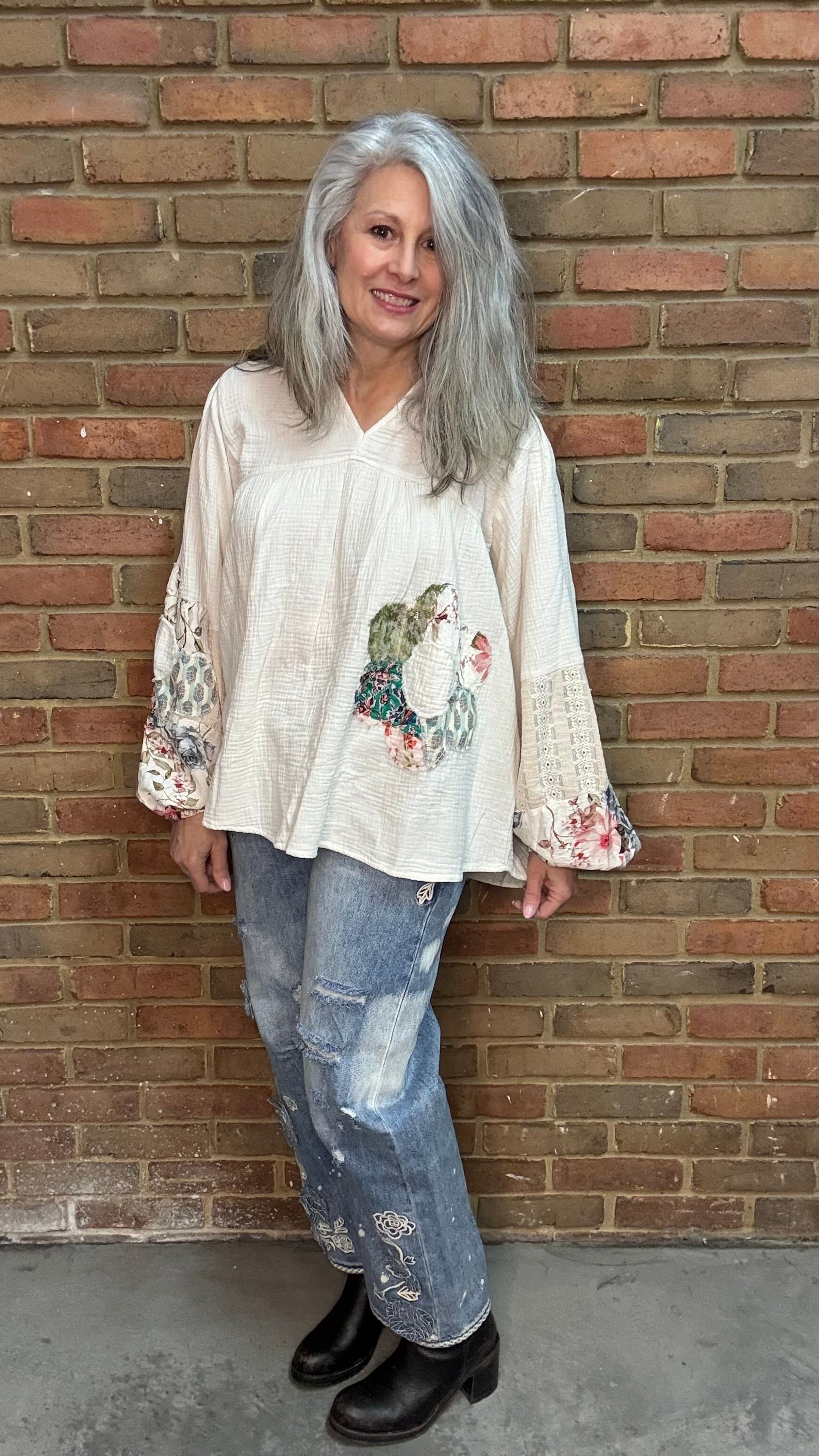 Woman wearing V-Neck Collared Flower Patch Top with Floral Embroidered Relax Jean 1083