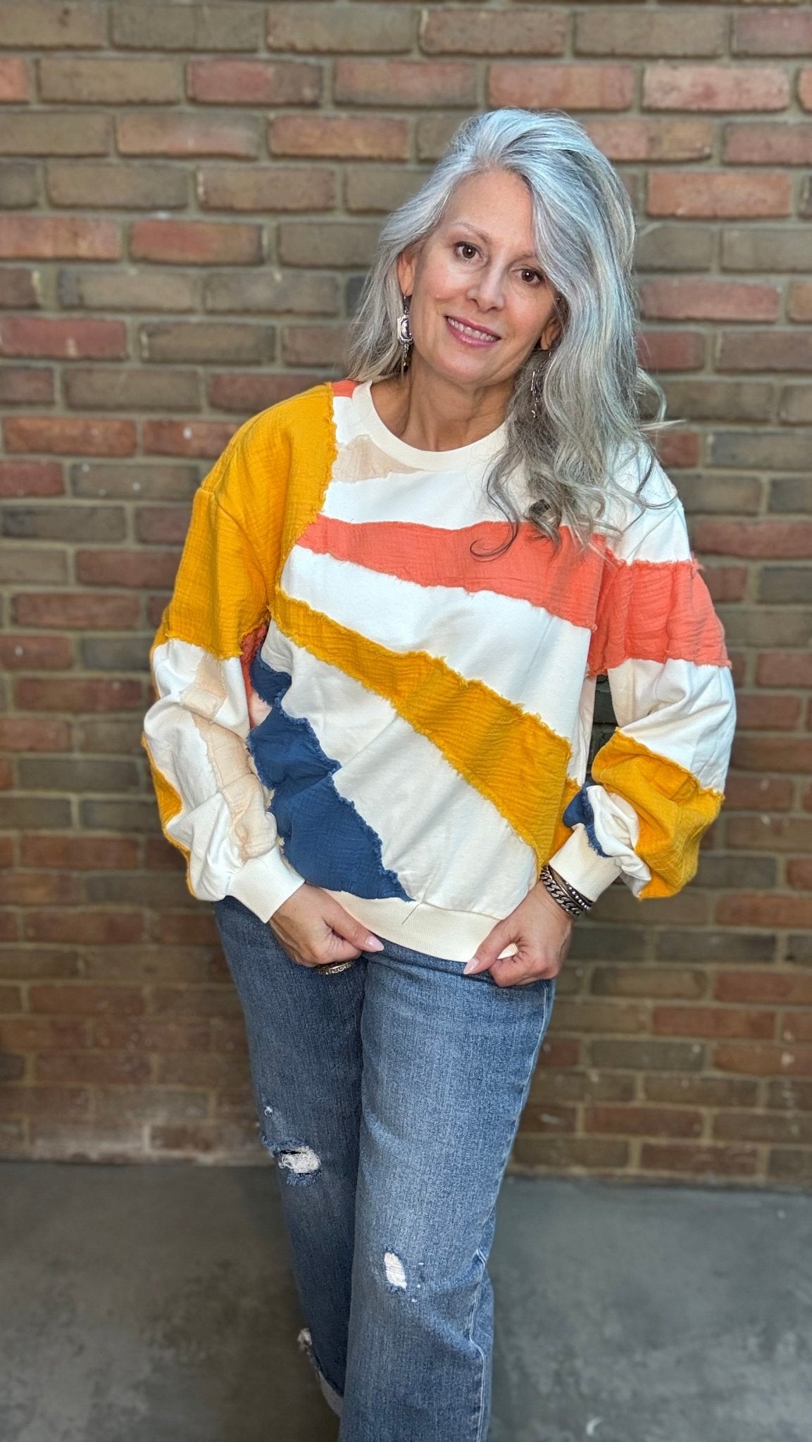 Mixed Fabric Sun Sweatshirt - Vintage Vault Boutique