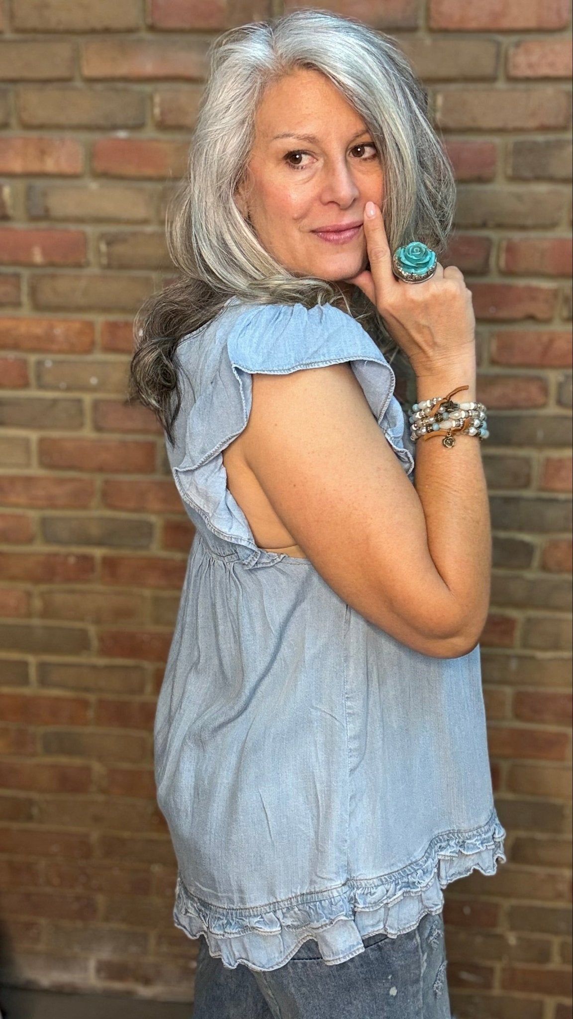Ruffle Accent Chambray Top - Vintage Vault Boutique