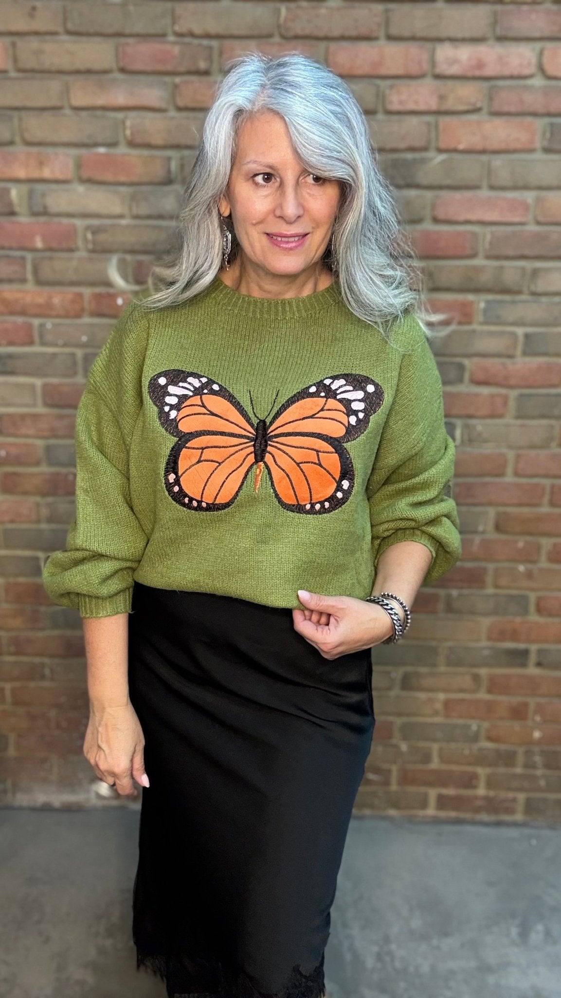 Monarch Butterfly on Green Sweater - Vintage Vault Boutique