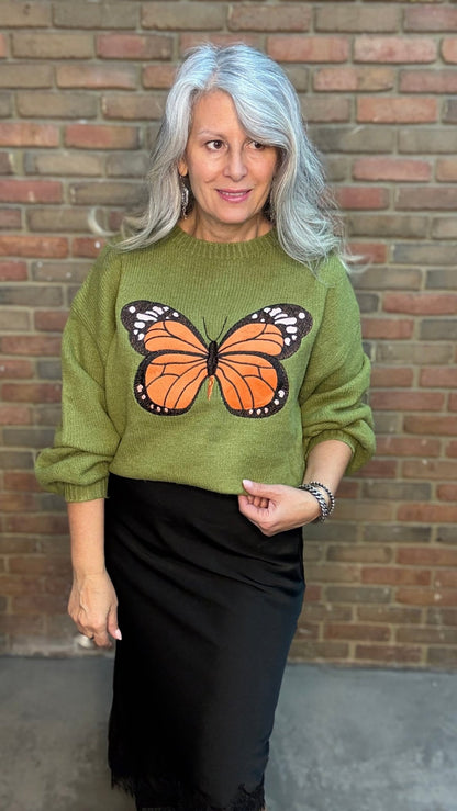 Monarch Butterfly on Green Sweater - Vintage Vault Boutique
