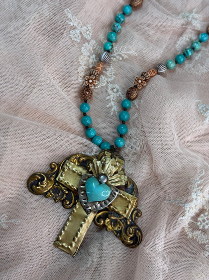 Turquoise Heart on Cross Necklace