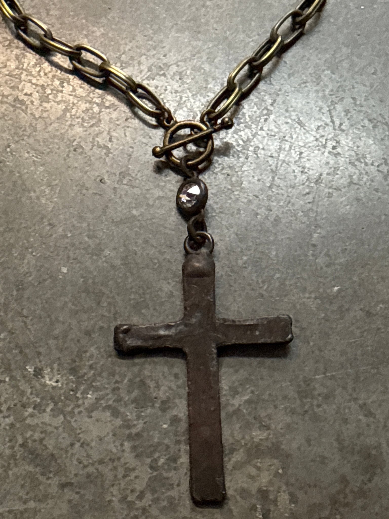 Rustic Iron Cross on Brass Chain with Front Toggle Necklace - Vintage Vault Boutique