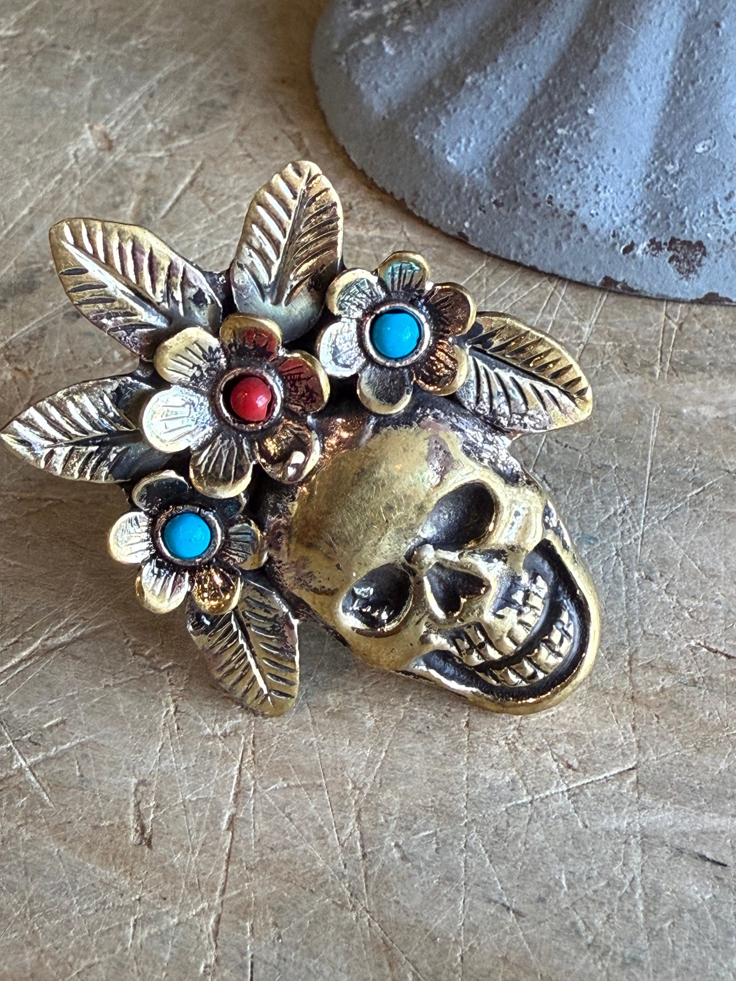 Gold Skull with Turquoise and Coral Stone Ring