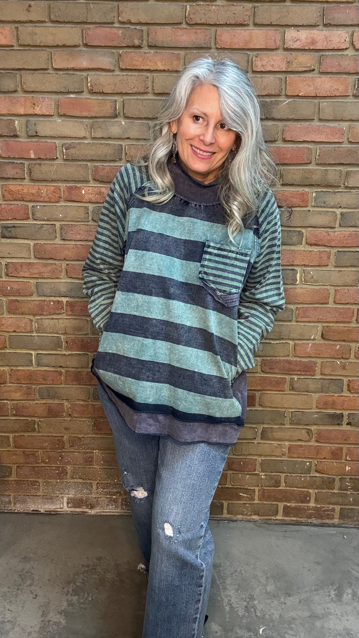 Navy/Green Mock Neck Stripe Mix Top