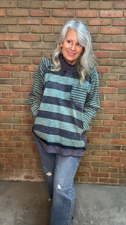 Navy/Green Mock Neck Stripe Mix Top