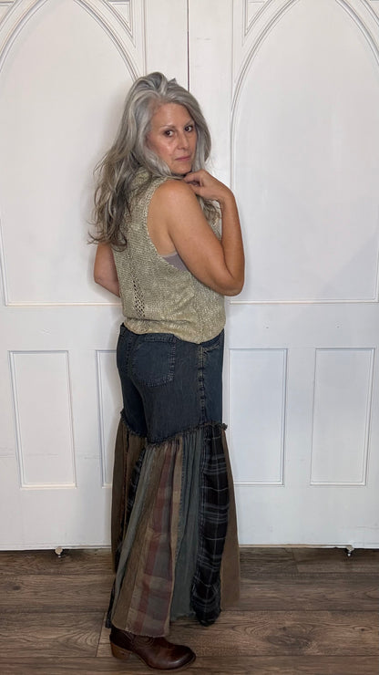 Boho Denim &amp; Plaid Wide Leg Pant