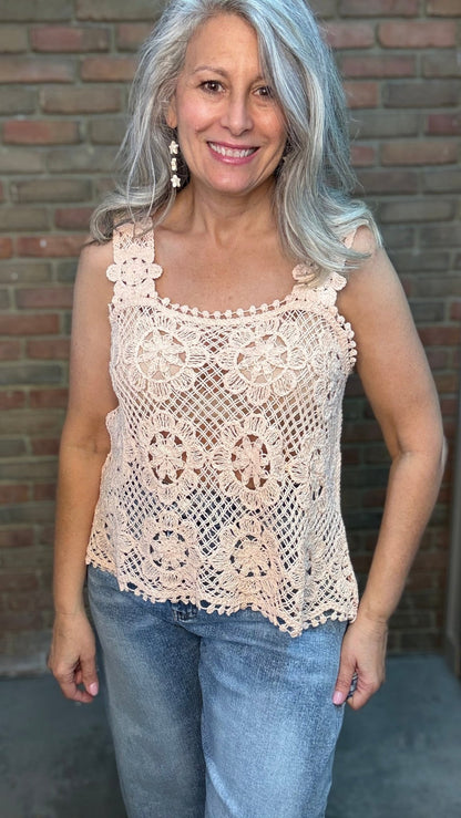 Crochet Square Neck Tank Blush - Vintage Vault Boutique