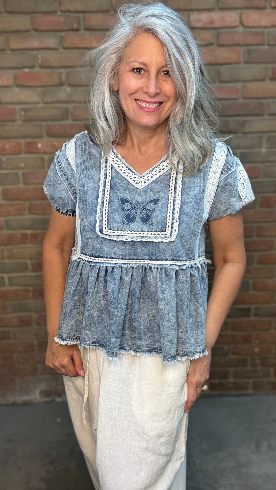 Denim Butterfly Baby Doll Top - Vintage Vault Boutique