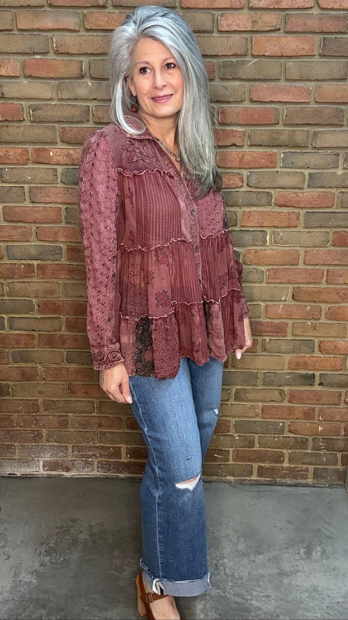 Garnet Tiered Patchwork Shirt - Vintage Vault Boutique
