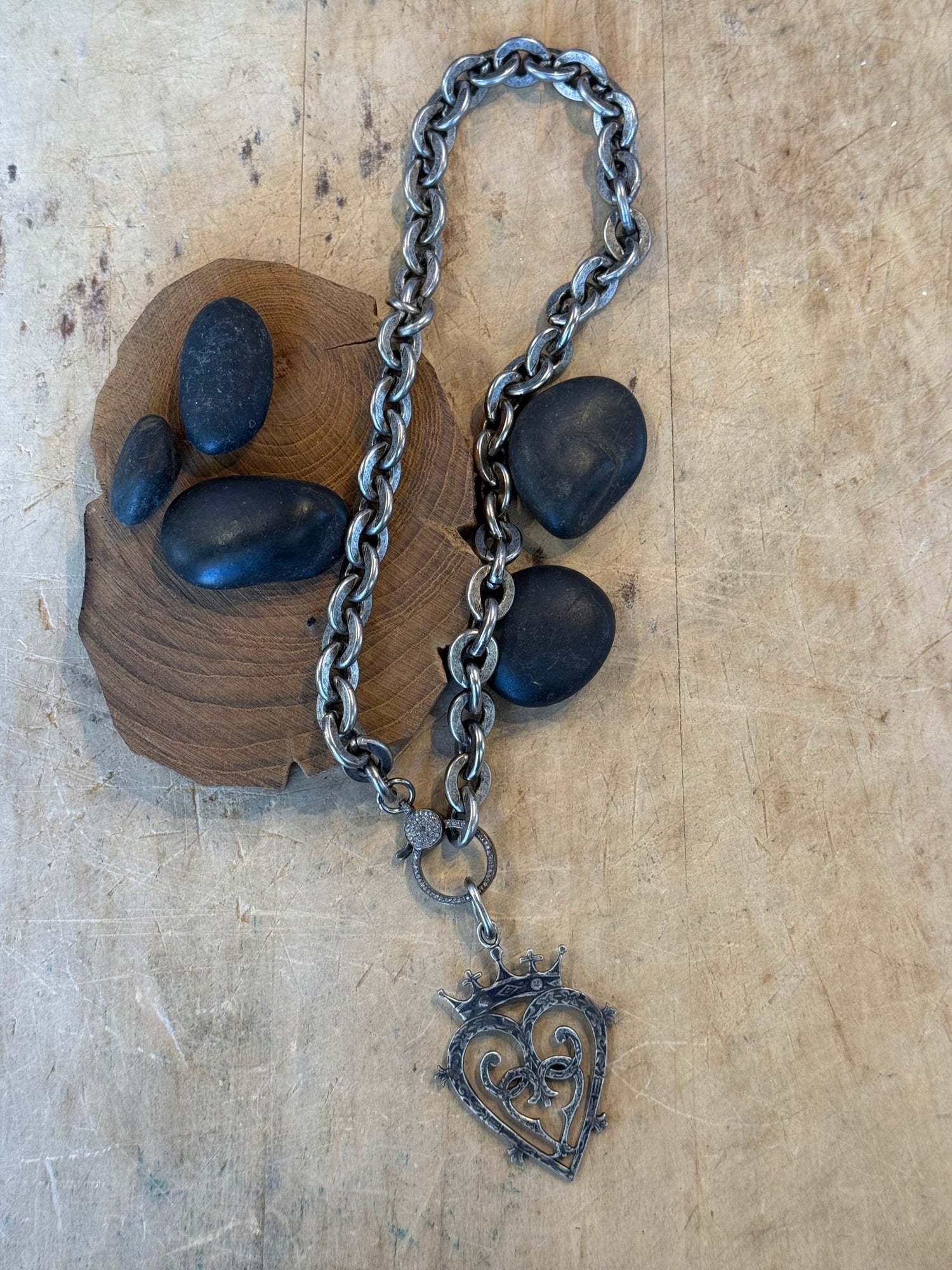 Crown Heart on Diamond Charm Holder Necklace - Vintage Vault Boutique