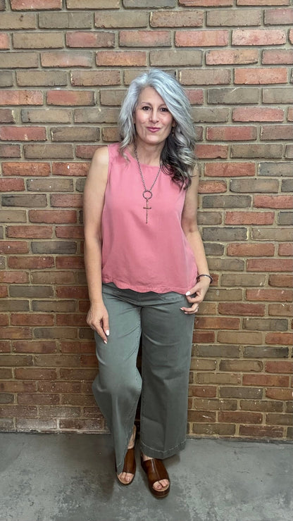 Cropped Wide Leg Twill Pants Sage - Vintage Vault Boutique