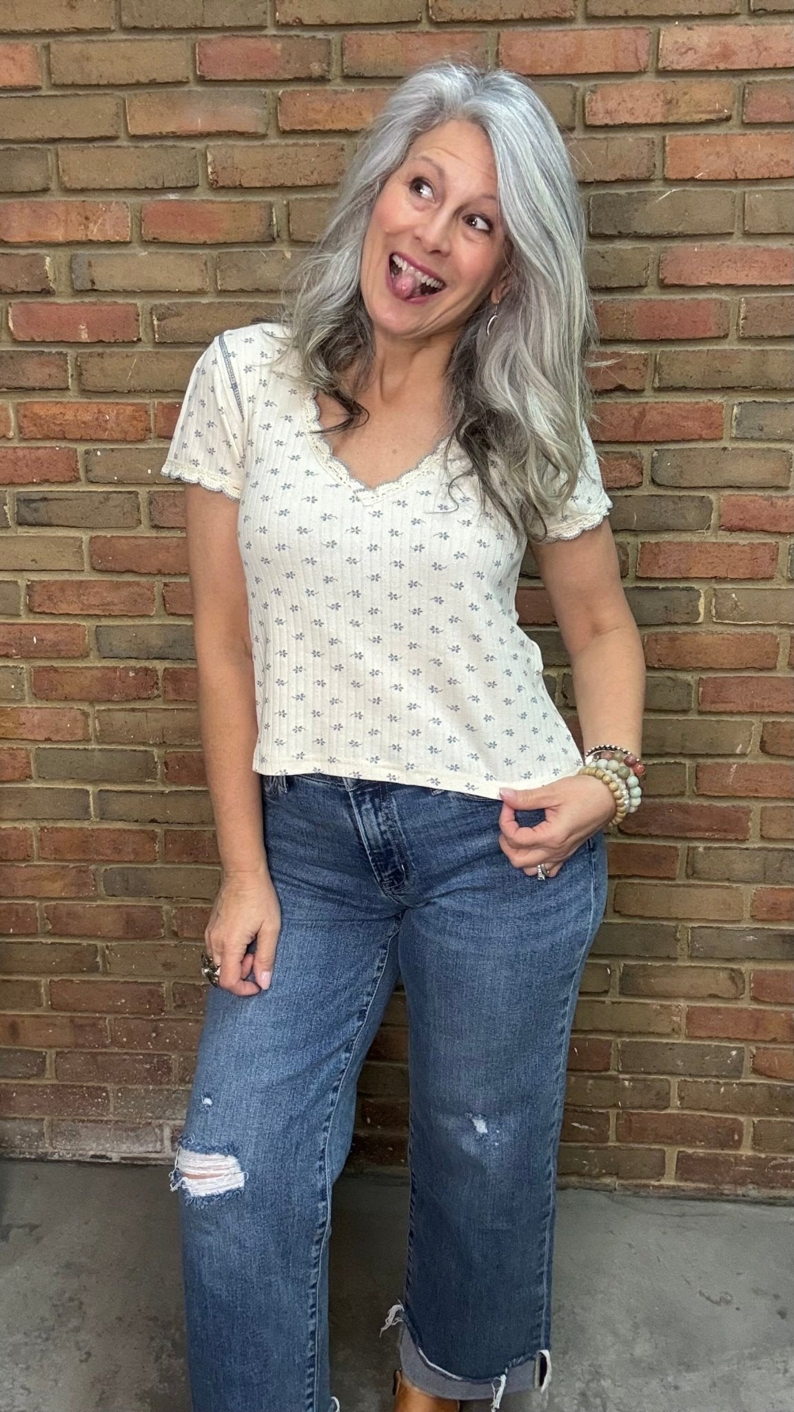 Blue Floral V - Neck Top - Vintage Vault Boutique