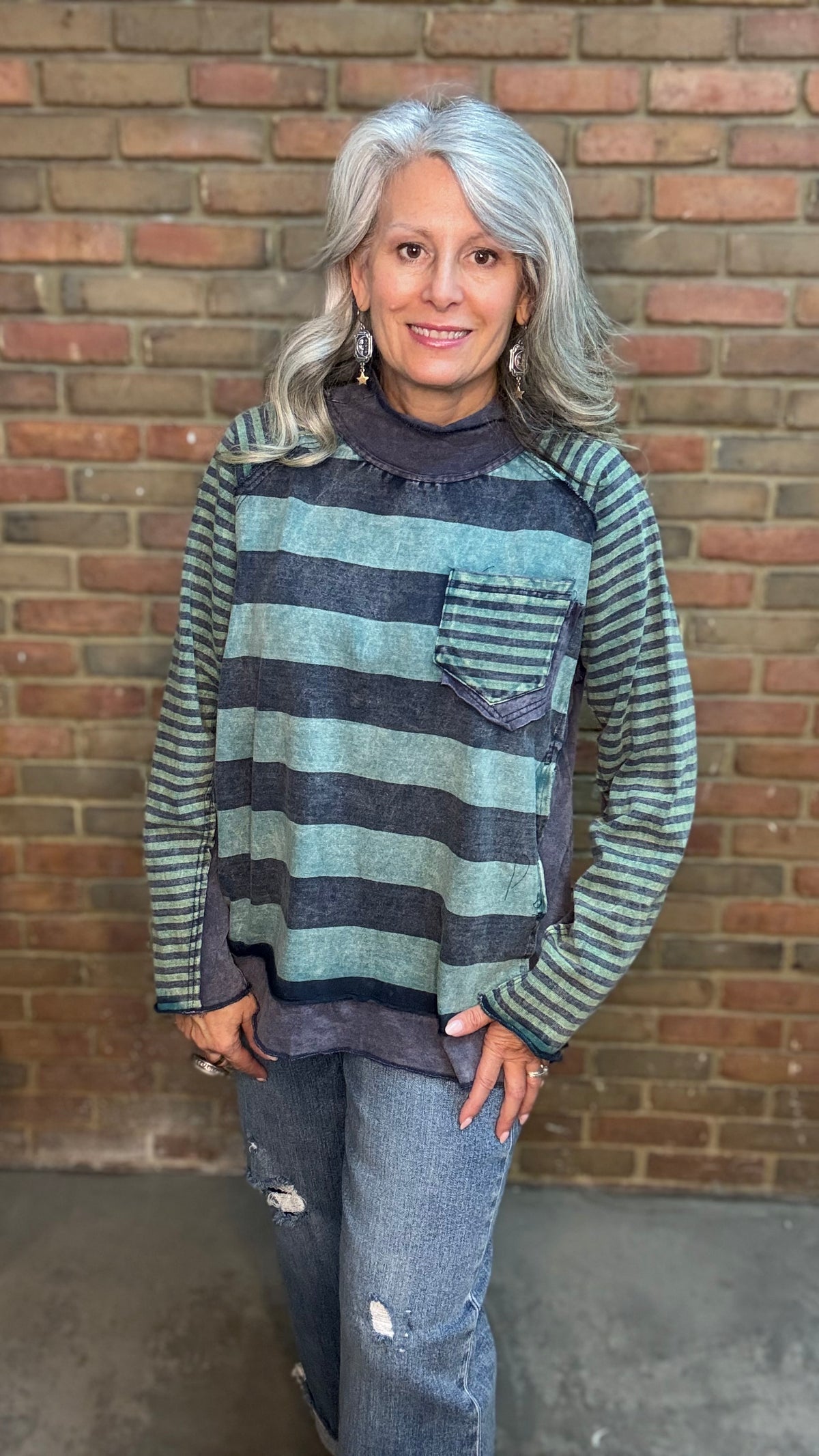 Navy/Green Mock Neck Stripe Mix Top