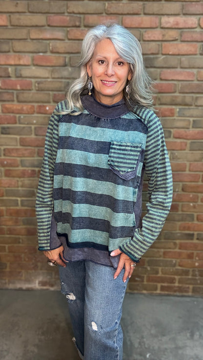 Navy/Green Mock Neck Stripe Mix Top