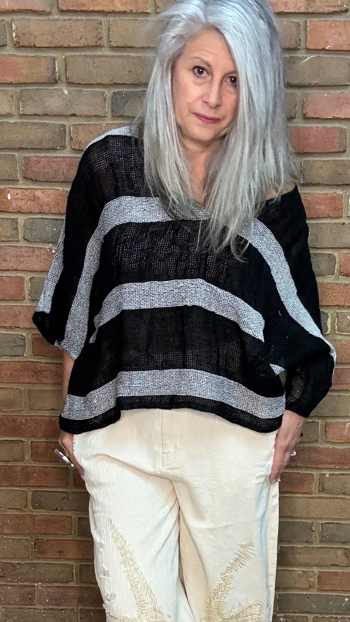 Charcoal and Black Striped Linen Topper - Vintage Vault Boutique