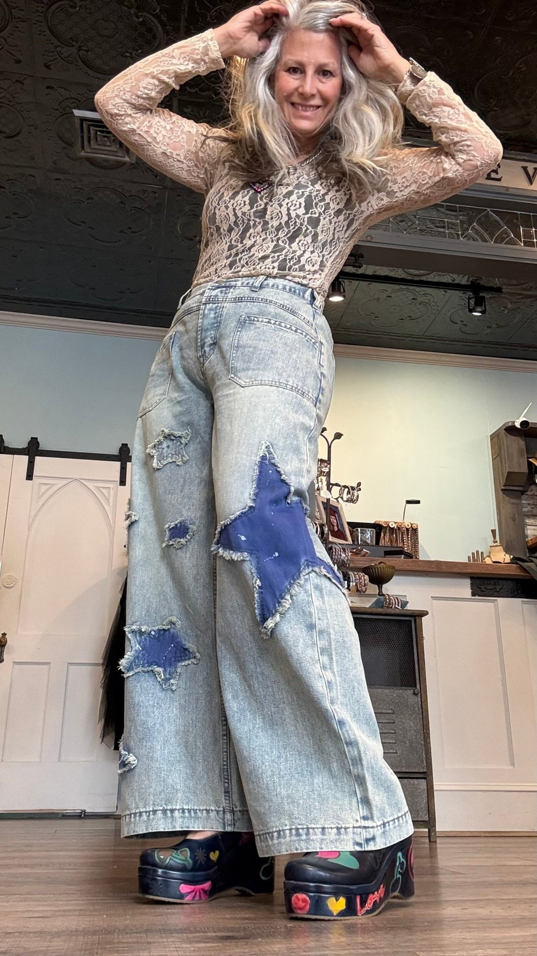 Star and Moon Wide Leg Denim Pants - Vintage Vault Boutique