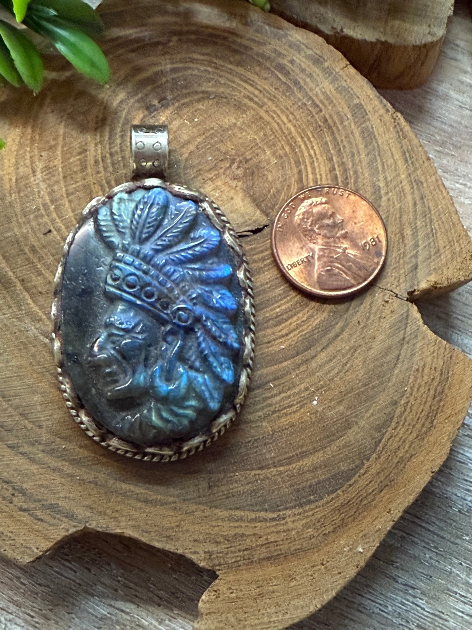 American Indian Carved Labradorite Tibetan Pendant - Vintage Vault Boutique