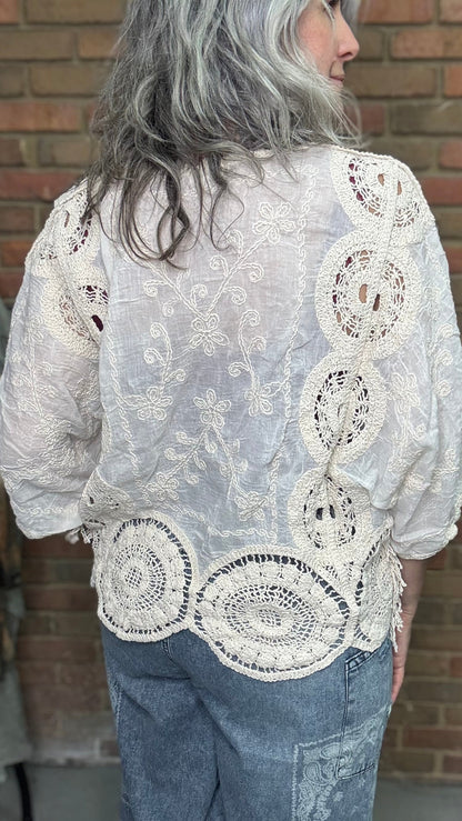 Person wearing a white lace top and blue jeans against a brick wall.