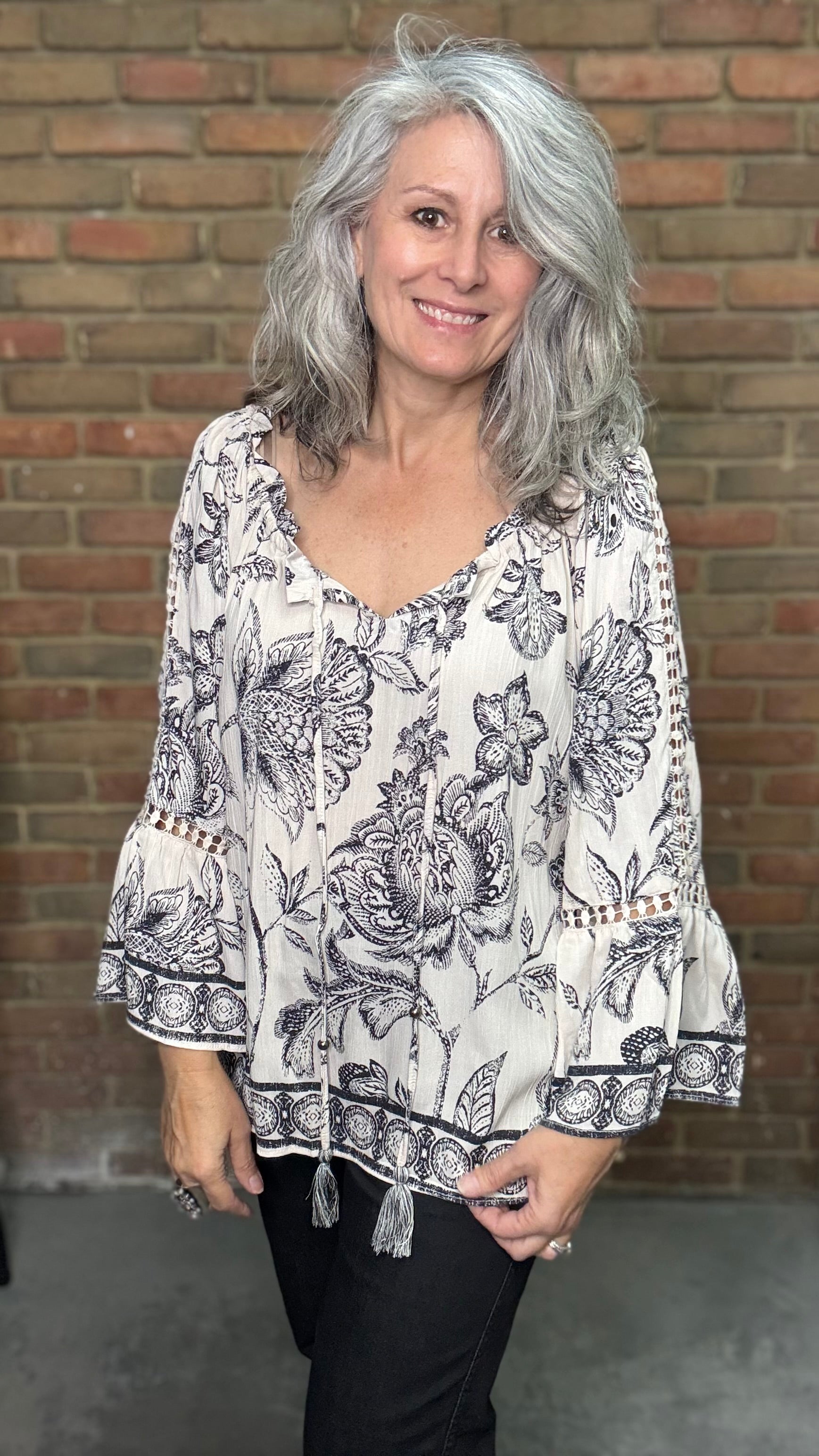 Ivory Printed Tie Neck Top
