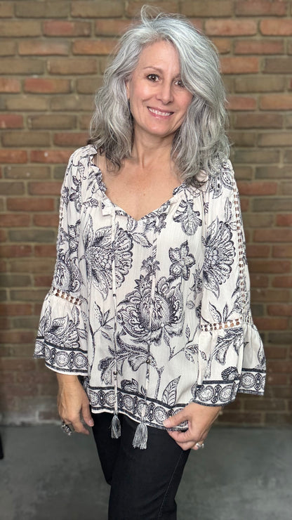 Ivory Printed Tie Neck Top